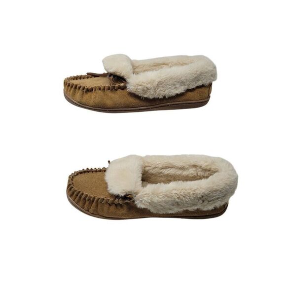 Minnetonka Womens Tan Suede Moccasin Slippers Sherpa Faux Fur Lining Sz 9 - Picture 6 of 10